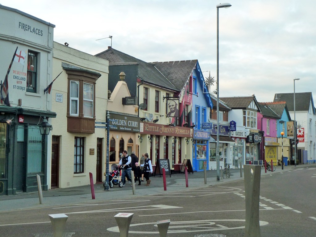 Independent business premises and the streetscape along Albert Road in Southsea