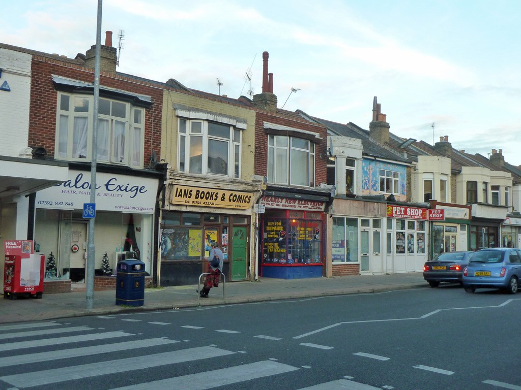 Shops along Albert Road in Southsea, photographed in 2013